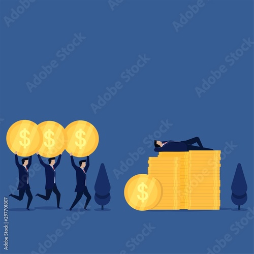 Business flat vector concept man sleep above coins and other bring coin to him metaphor of big boss.