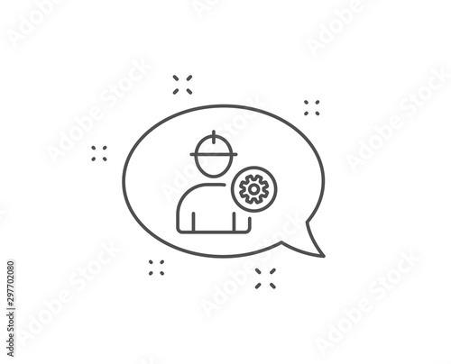 Worker line icon. Chat bubble design. Engineer Profile with cogwheel sign. Male Person silhouette symbol. Outline concept. Thin line engineer icon. Vector
