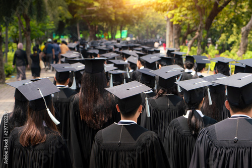 Rear view of group of university graduates in black gowns lines up for degree in university graduation ceremony. Concept education congratulation, student, successful to study.