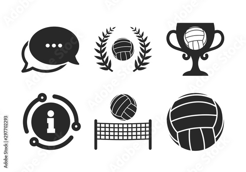 Winner award cup and laurel wreath symbols. Chat, info sign. Volleyball and net icons. Beach sport symbol. Classic style speech bubble icon. Vector