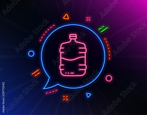 Water cooler bottle line icon. Neon laser lights. Still aqua drink sign. Liquid symbol. Glow laser speech bubble. Neon lights chat bubble. Banner badge with cooler bottle icon. Vector