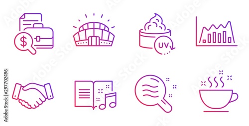 Sports stadium, Uv protection and Skin condition line icons set. Accounting report, Music book and Infographic graph signs. Employees handshake, Coffee cup symbols. Vector