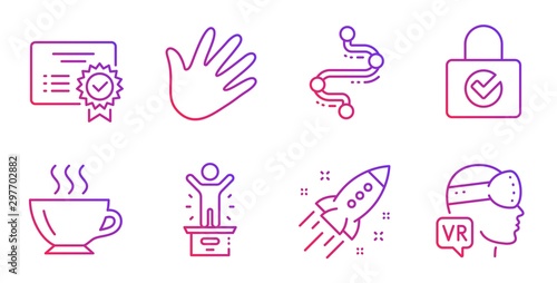 Hand, Timeline and Coffee line icons set. Certificate, Winner podium and Password encryption signs. Startup rocket, Augmented reality symbols. Swipe, Journey path. Business set. Vector