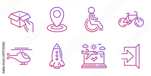 Helicopter, Disabled and Hold box line icons set. Bicycle, Location and Airplane travel signs. Rocket, Exit symbols. Copter, Handicapped wheelchair. Transportation set. Vector
