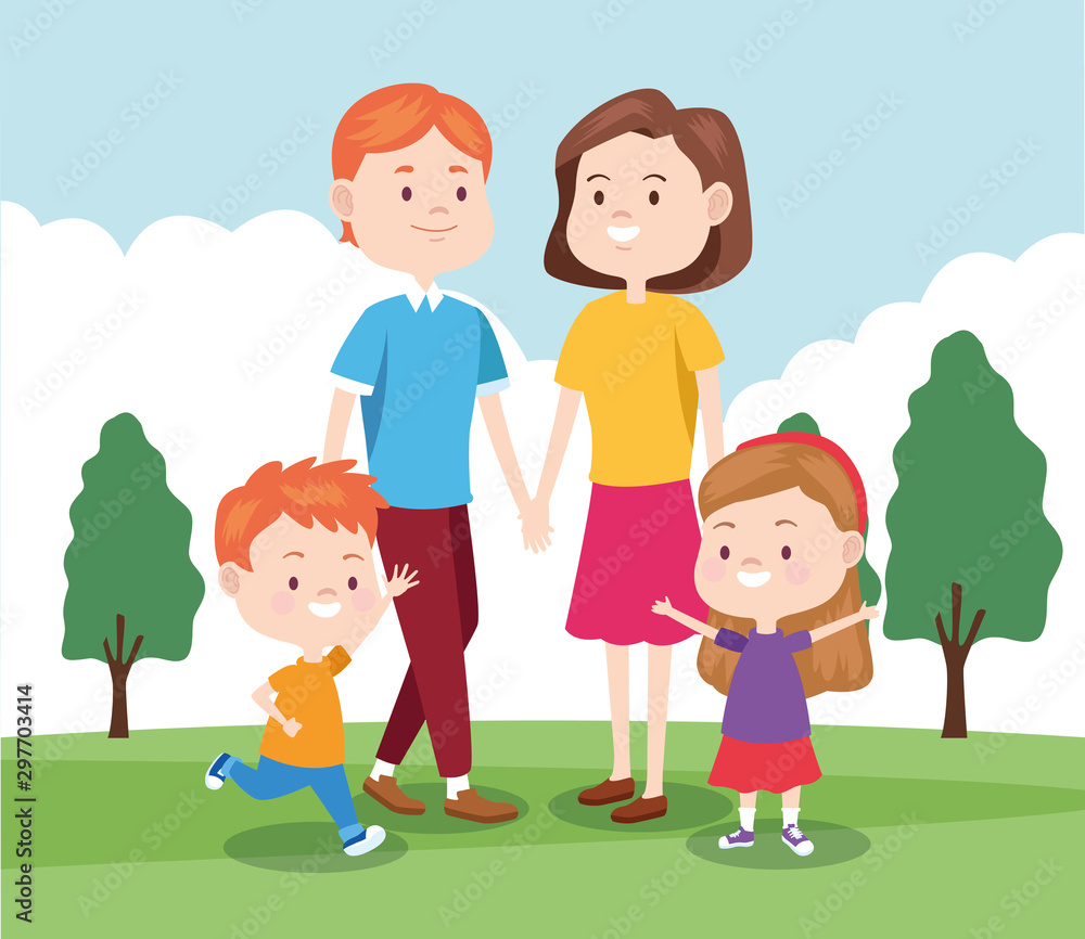 cartoon happy family with their kids, colorful design