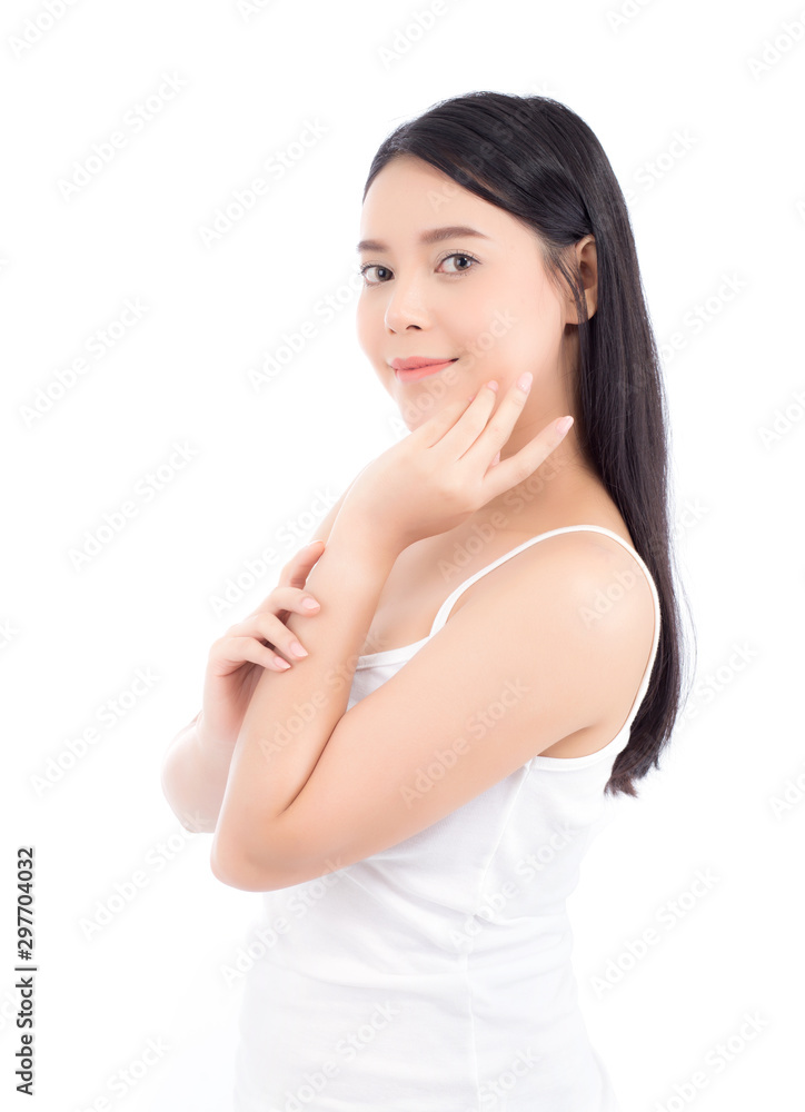 Beautiful woman asian makeup of cosmetic, girl hand touch lips and mouth and smile attractive, face of beauty perfect with wellness isolated on white background with skin healthcare concept. Beautiful woman asian makeup of cosmetic, girl hand touch lips and mouth and smile attractive, face of beauty perfect with wellness isolated on white background with skin healthcare concept.
