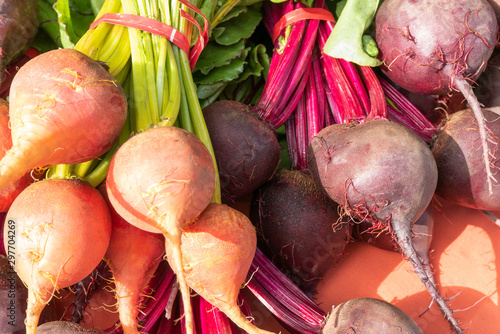 Bunches of red and golden beets at the farmers market
