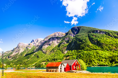 Norwegian Sognefjord  with a typical red house photo