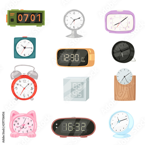 Alarm clock vector modern clockface clocked in time with hour or minute arrows illustration childish clocking object timer set isolated on white background
