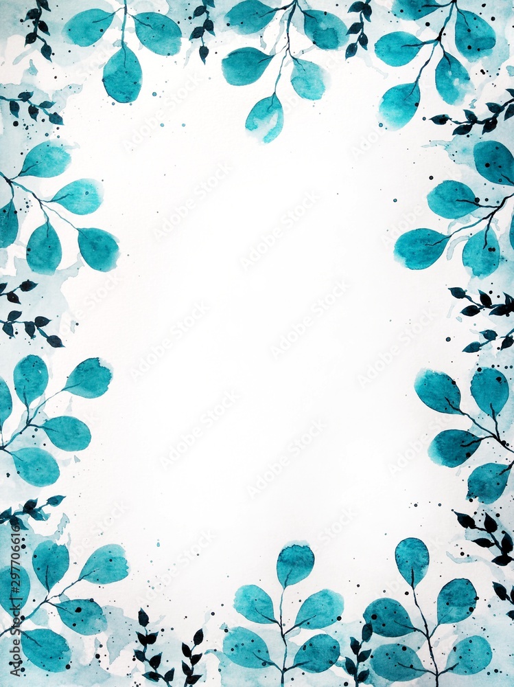 Set watercolor arrangements with leaves and branches. Collection turquoise garden leaves, branches, Botanic illustration isolated on white background.