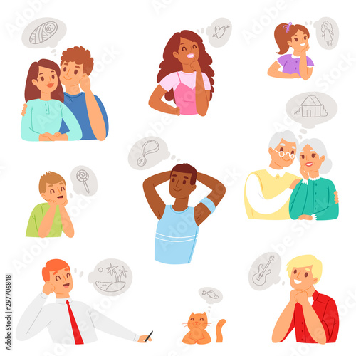 Dreaming people vector dreamer man pensive woman character thinking about dreams illustration set of think imagination on daydream isolated on white background