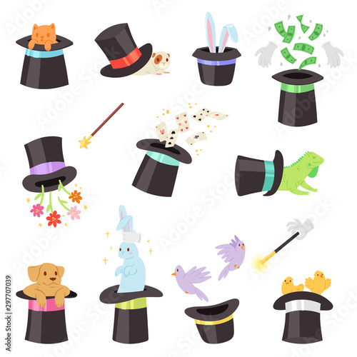 Magician hat vector illusionist show with animal character cat dog playing cards in magical hat illustration set of cartoon magic show with bunny birds illusion isolated on white background