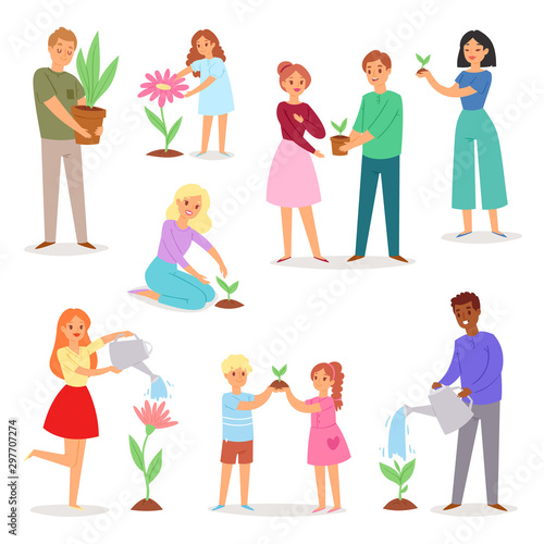 People planting vector man woman kids character gardening plant tree flower illustration environmental ecology set of mom dad with boy girl in garden isolated on white background