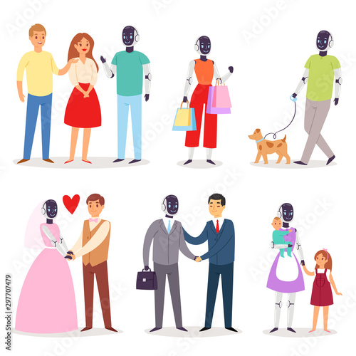 Robot humanoid family helpers people vector robotic man futuristic woman character in love cybernetic kids illustration set of robotically person businessman and girl isolated on white background