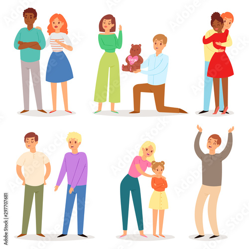 Sorry people family vector apologizing man woman character forgiving lovely couple and parents tell to kid illustration set of apologize speak forgiveness isolated on white background