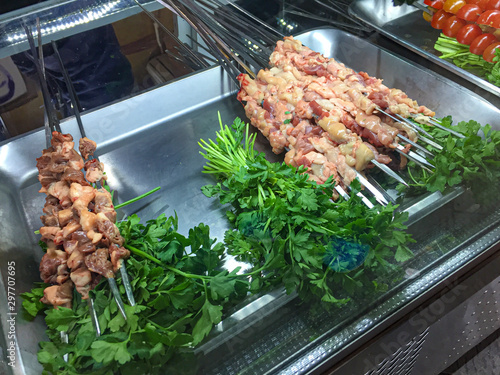 Skewered sheep's  meat , heart, liver for grilling in fast-food outlet,Tehran, Iran.  