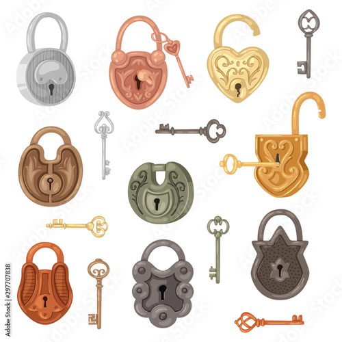 Padlock vector lock for safety and security protection with keys locked secure mechanism to interlock or lockout keyed locking system illustration set isolated on white background