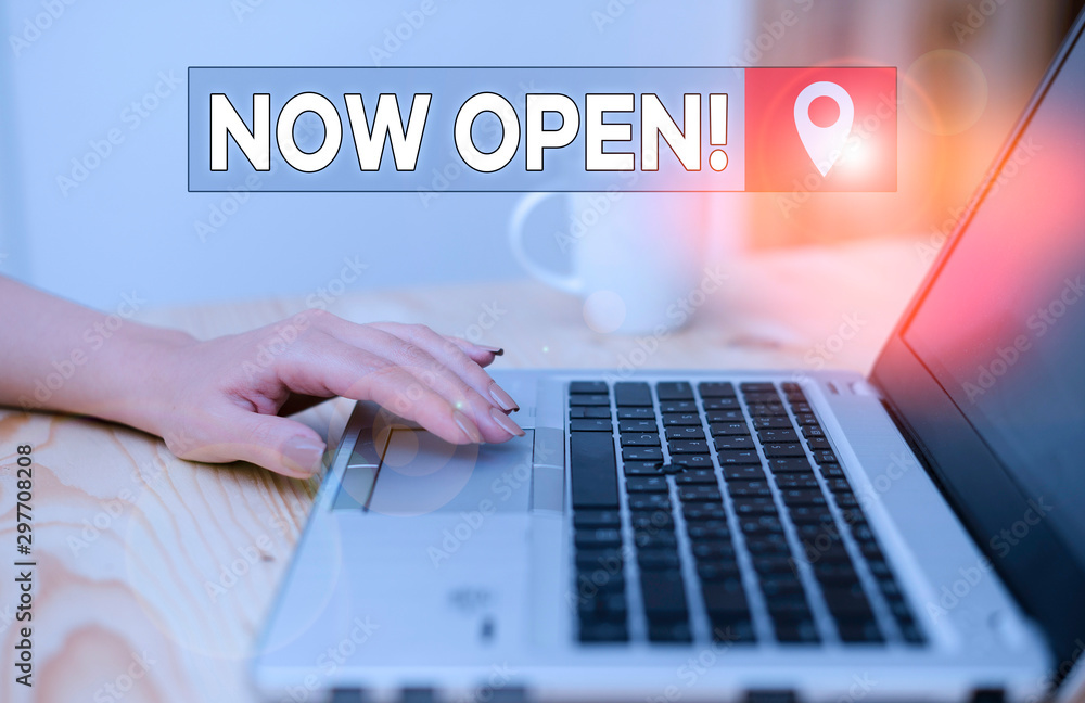 Conceptual hand writing showing Now Open. Concept meaning leave door or windows not closed or barred at this current time woman with laptop smartphone and office supplies technology