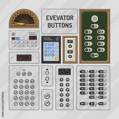 Elevator buttons vector lift metal push button on control panel numbers in business office building illustration set of moving up down level at hotel isolated on background