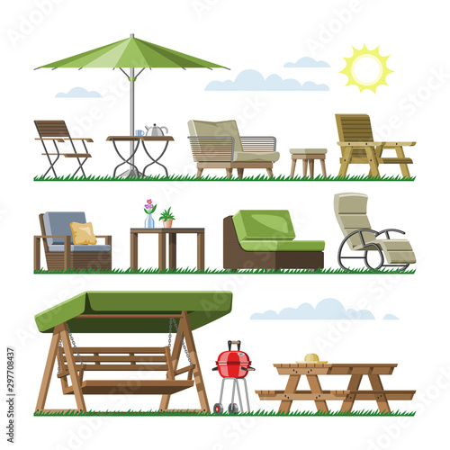 Garden furniture vector table chair seat on terrace design outdoor in summer backyard outside illustration gardening relaxation set of furnished armchair isolated on white background