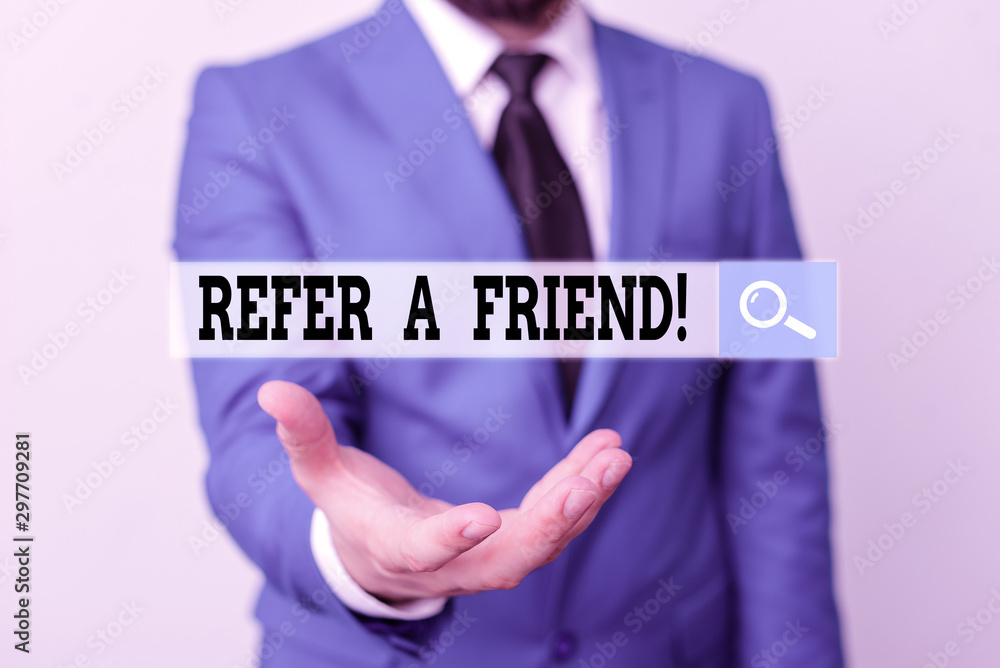 Writing note showing Refer A Friend. Business concept for direct someone to another or send him something like gift Man in front of table. Mobile phone and notes on the table Writing note showing Refer A Friend. Business concept for direct someone to another or send him something like gift Man in front of table. Mobile phone and notes on the table