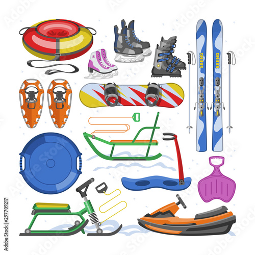 Winter sports equipment vector extreme snowboard ski skipoles snow-shoe and snowboarding boots illustration wintertime set of snow-skiing sledding spots isolated on white background