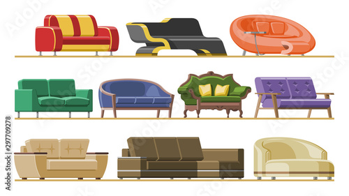 Sofa vector modern furniture couch seat furnished interior design of living-room at apartment home illustration furnishing set of modern armchair sofa-bed settee isolated on white background