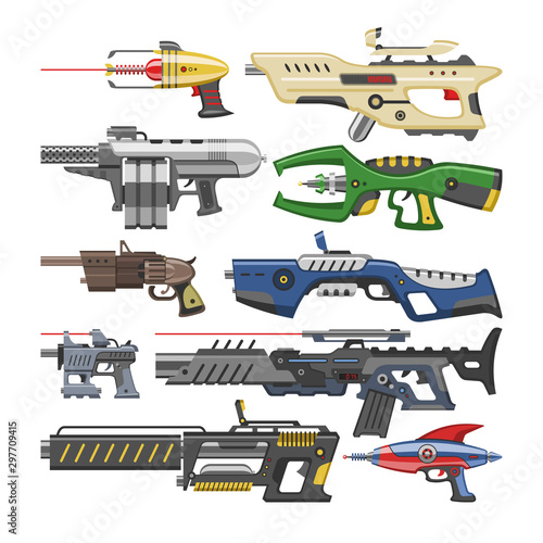 Weapon vector blaster laser gun with futuristic handgun and raygun of aliens in space illustration set of child pistols isolated on white background