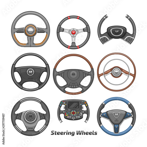 Steering wheel vector car wheeling control device in vehicle automobile illustration transportation design set of driving circle speed equipment isolated on white background