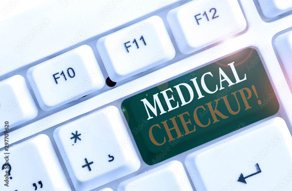 Word writing text Medical Checkup. Business photo showcasing thorough physical examination includes variety of tests White pc keyboard with empty note paper above white background key copy space Word writing text Medical Checkup. Business photo showcasing thorough physical examination includes variety of tests White pc keyboard with empty note paper above white background key copy space