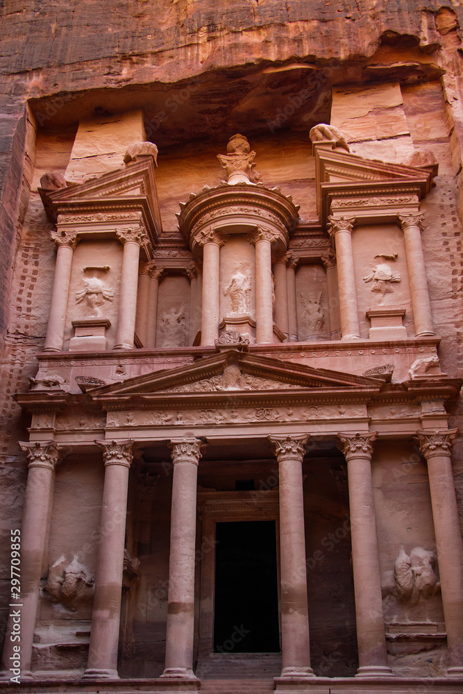 Famous sandstone curved architecture of Tresury in Petra in Jordan
