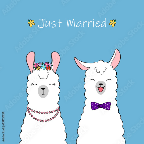 Just married. Couple of cute cartoon llamas. Hand drawn illustration