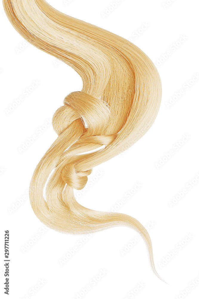 Three knots of blond hair isolated on white background. Long ponytail Three knots of blond hair isolated on white background. Long ponytail