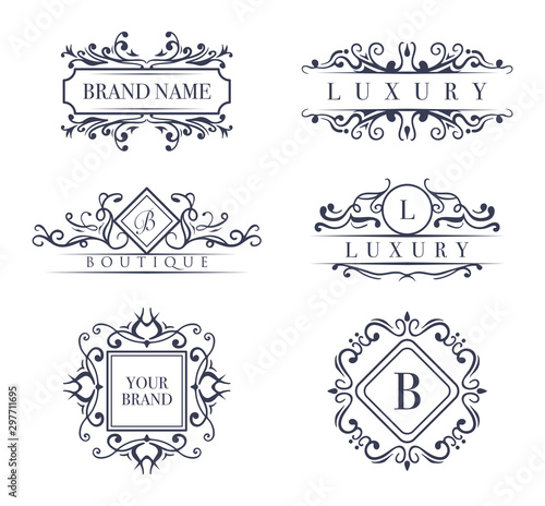 Retro Royal Vintage Shields Logotype set. Vector calligraphyc Luxury logo design elements. Business signs, logos, identity, spa, hotels, badges elements