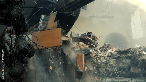 Destroying Old House With Bulldozer Mechanical Arm