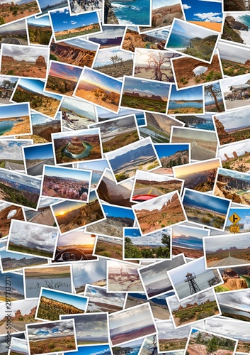 Collage of printed travel images . Concept Usa Travel memories