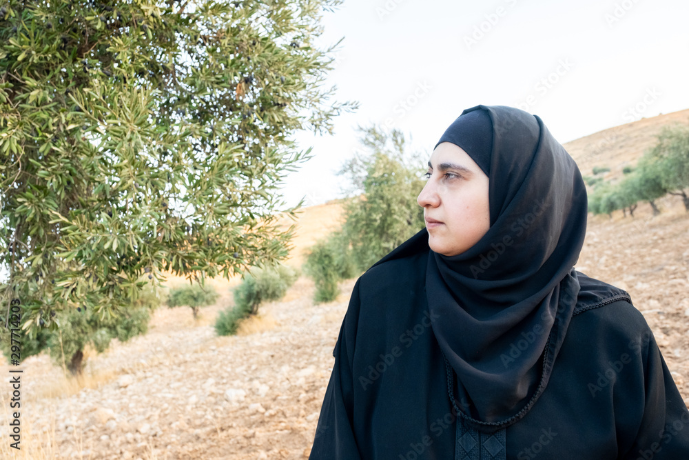 Muslim woman praying next to olive tree for god blessing Muslim woman praying next to olive tree for god blessing