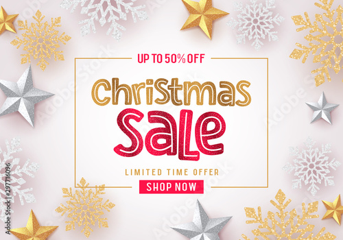 Christmas sale vector banner background design. Christmas sale text in white with gold and silver snowflakes and stars elements in background for holiday season promotion. Vector illustration.