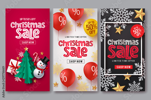 Christmas sale vector banner and poster template set. Christmas sale text with colorful elements of gift, snowman, tree, candy cane, balloons, snowflakes and stars in red, white black background.