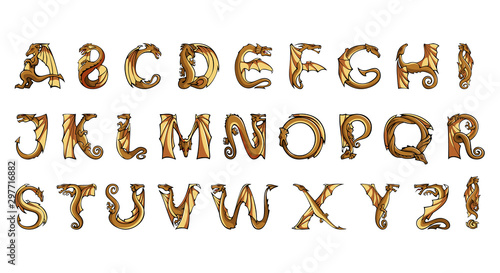Dragon alphabet, letters in form of dragons, fantasy font, vector illustration