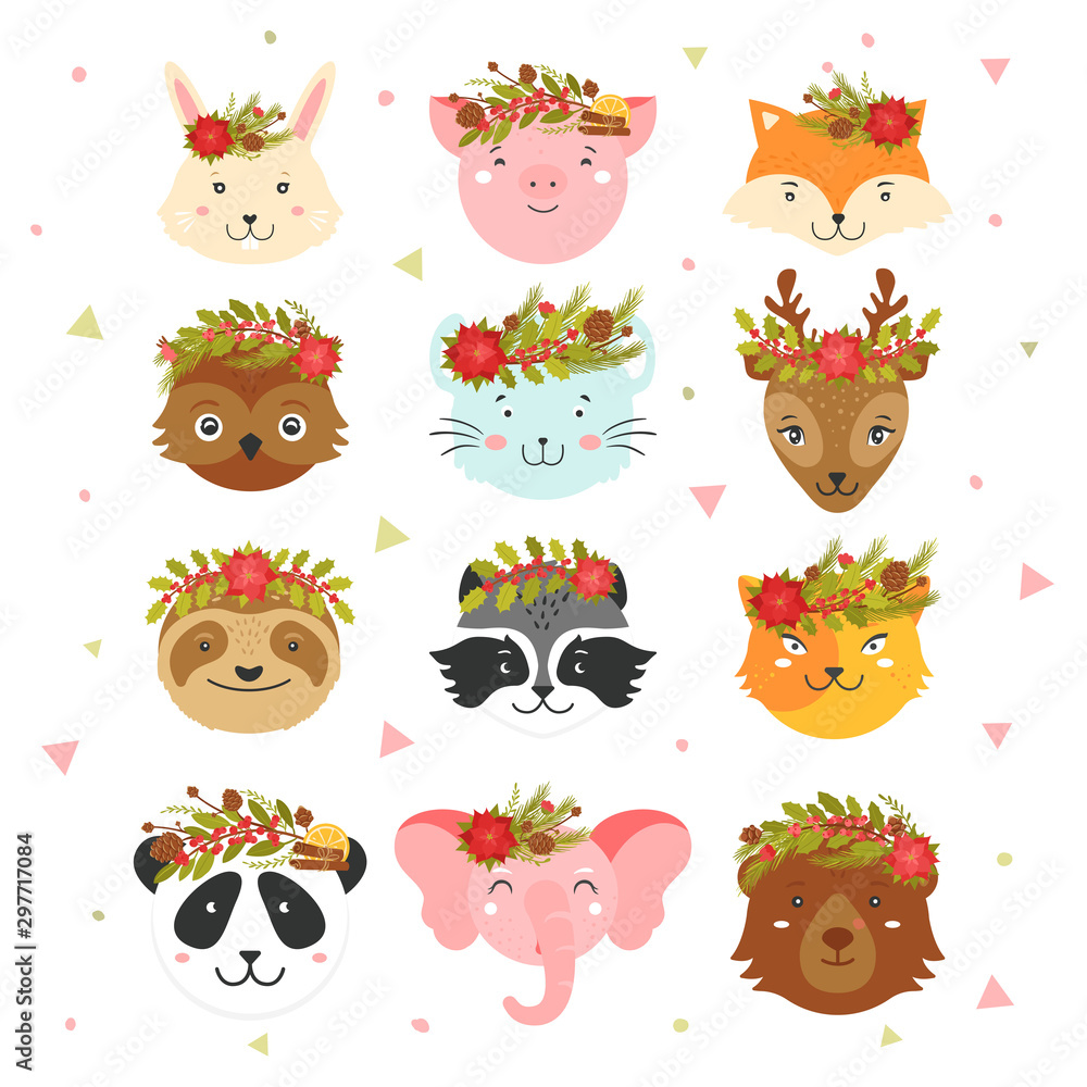 Animal faces with Christmas wreaths on the head. Cute Christmas animals for greeting cards, posters, invitations.