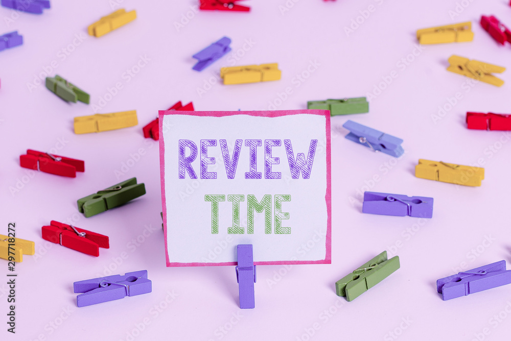 Word writing text Review Time. Business photo showcasing to think or talk about something again Set schedule to review Colored clothespin papers empty reminder white floor background office Word writing text Review Time. Business photo showcasing to think or talk about something again Set schedule to review Colored clothespin papers empty reminder white floor background office