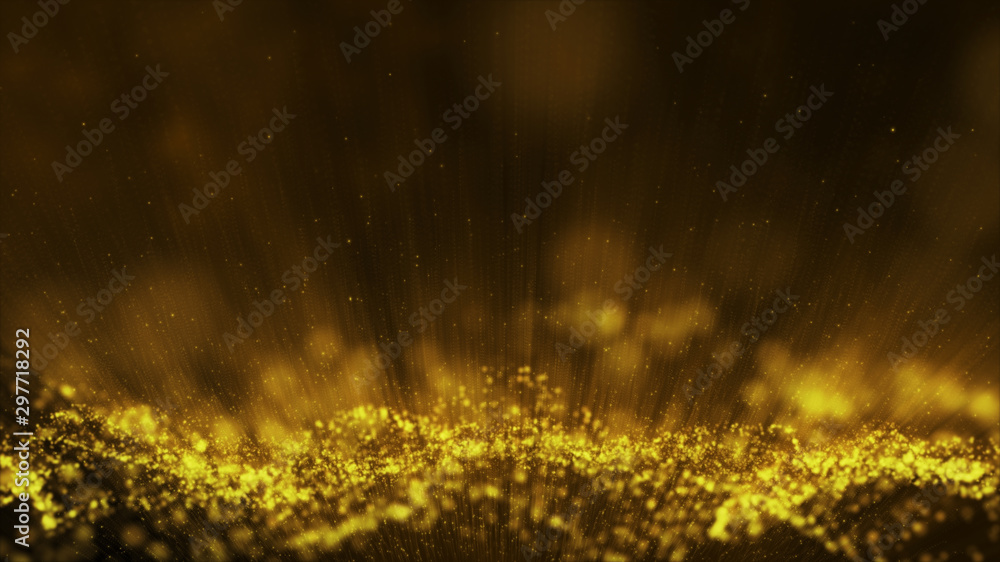 Golden rain, gold glitter particles falling. Glowing glittering lights on golden threads, shiny sparkling light and shimmer particles