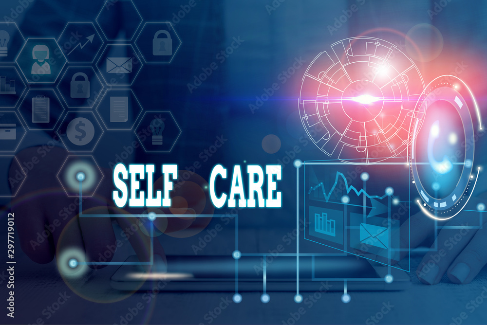 Writing note showing Self Care. Business concept for the practice of taking action to improve one s is own health Picture photo network scheme with modern smart device