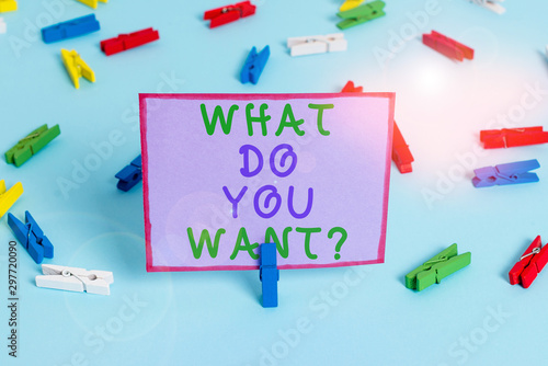 Writing note showing What Do You Want Question. Business concept for say or write in order to ask demonstrating about something Colored clothespin papers empty reminder blue floor officepin