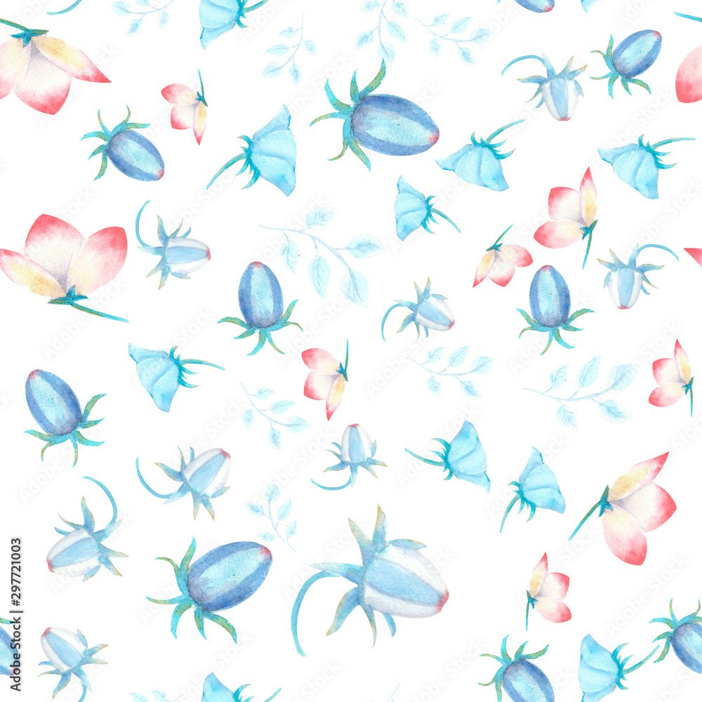 Obraz premium Seamless pattern with pink hellebore flowers, buds, leaves, decorative twigs on white isolated . Watercolor illustration, handmade.