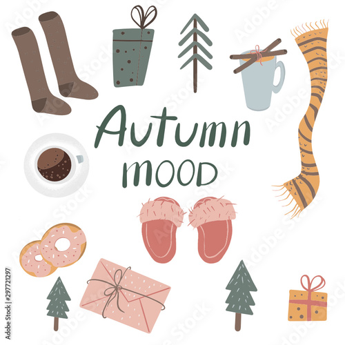 Autumn set of vector illustrations. Socks, coffee, donuts, cinnamon, presents, Christmas trees, letter, slippers. Cozy and comfort.
