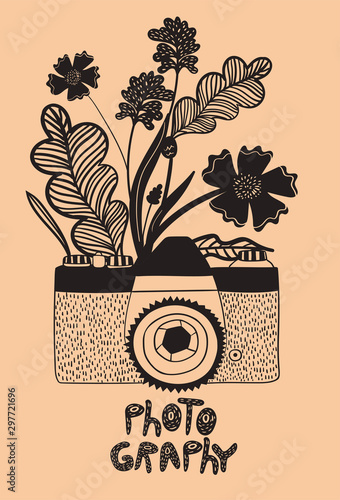 Old doodle style camera with flowers. Vector graphics.