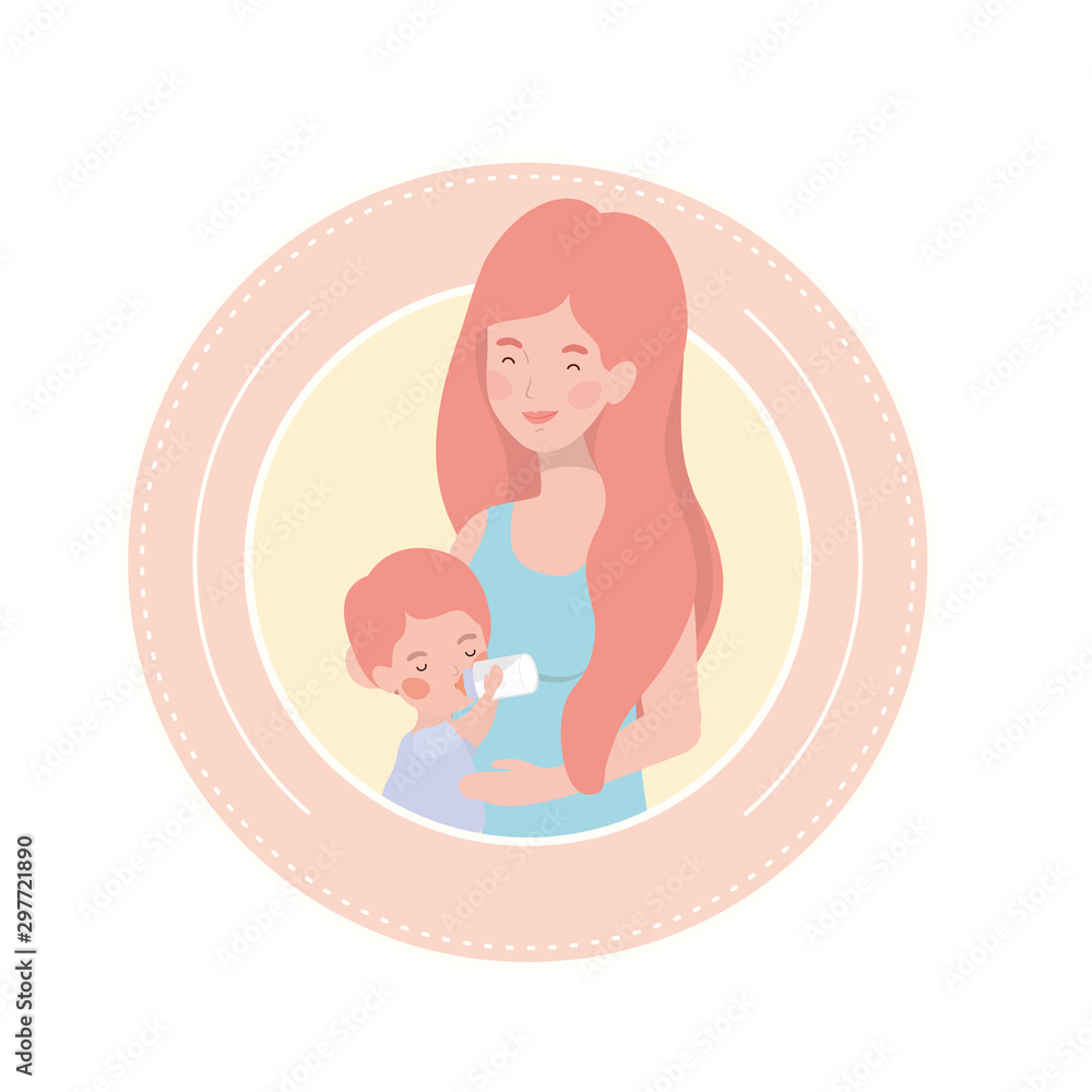 cute pregnancy mother with little boy characters