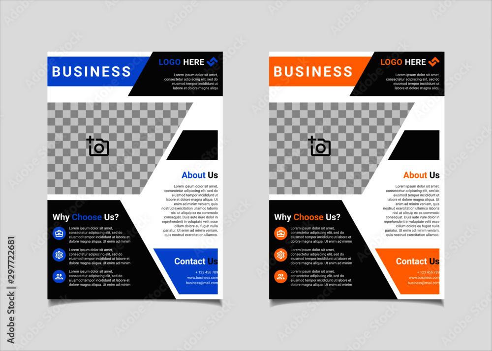 Business flyer template vector design, A4 brochure template blue and amber geometry shapes used for business poster layout, IT Company flyer, corporate banners, and leaflets Business flyer template vector design, A4 brochure template blue and amber geometry shapes used for business poster layout, IT Company flyer, corporate banners, and leaflets